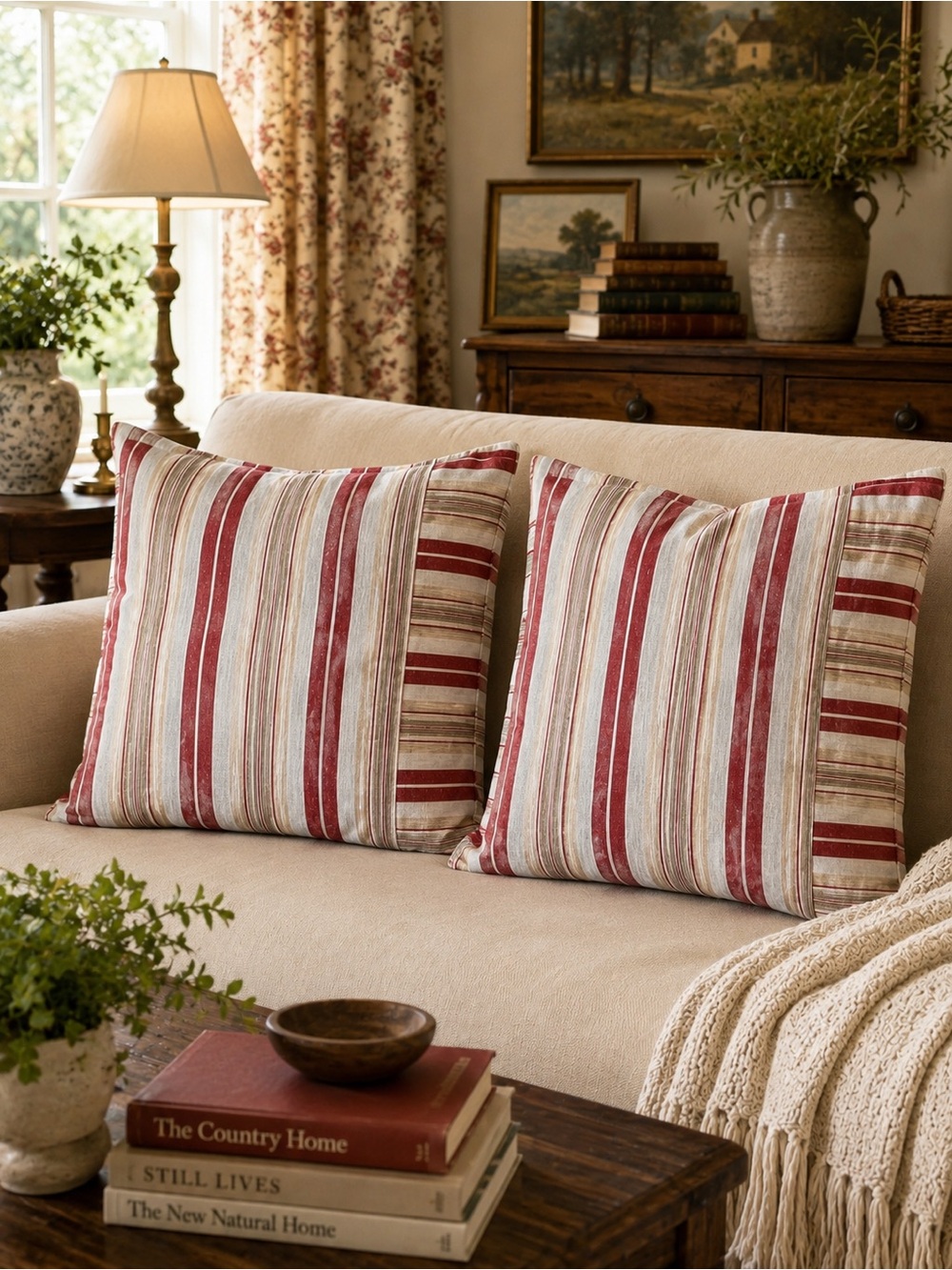 Pottery Barn Red Tan Cream Striped Linen Pillow Covers 18x18 Set of 2 - Picture 8 of 8